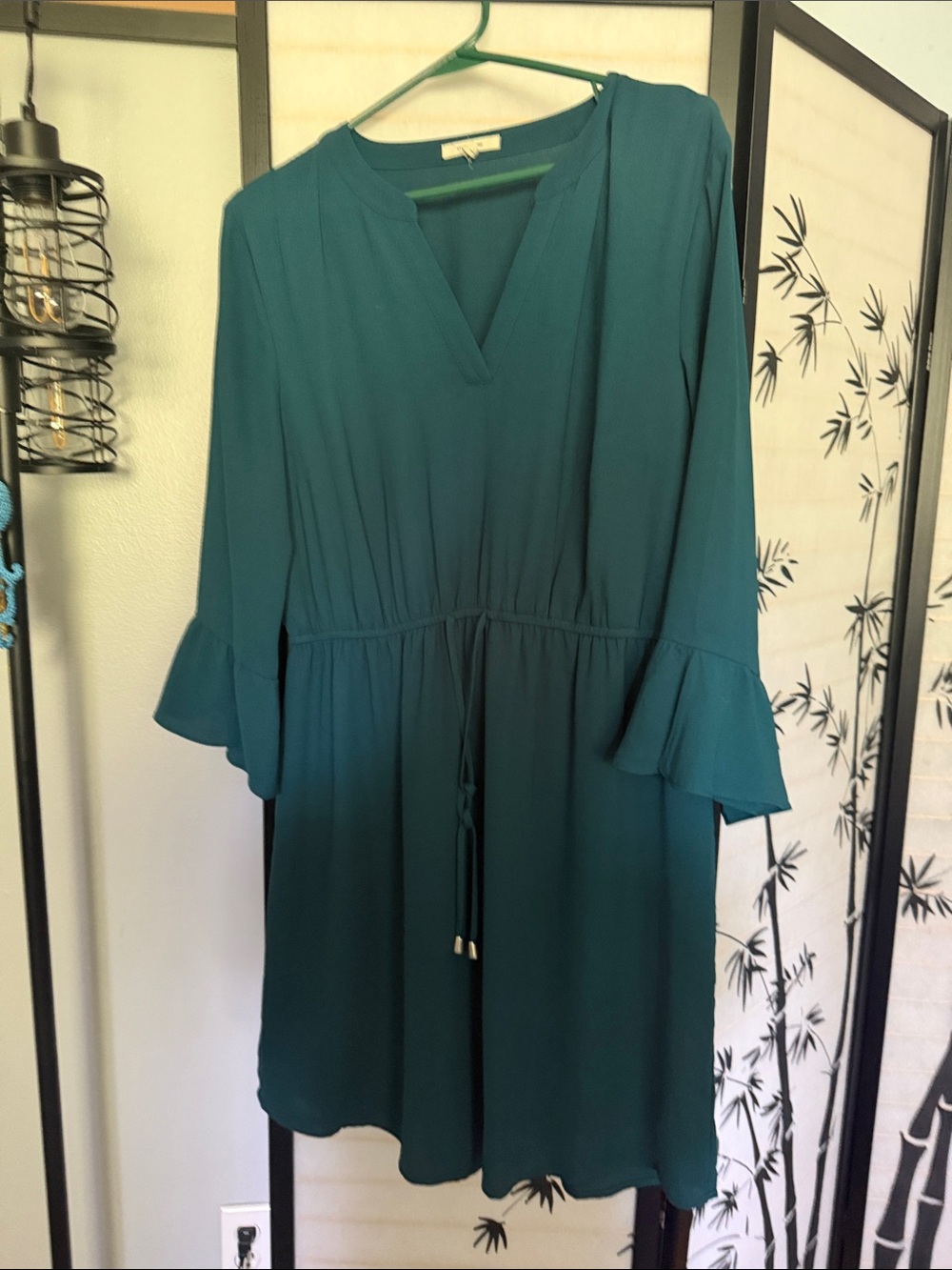 Teal V-Neck Tie-Waist Dress with Ruffle Sleeves